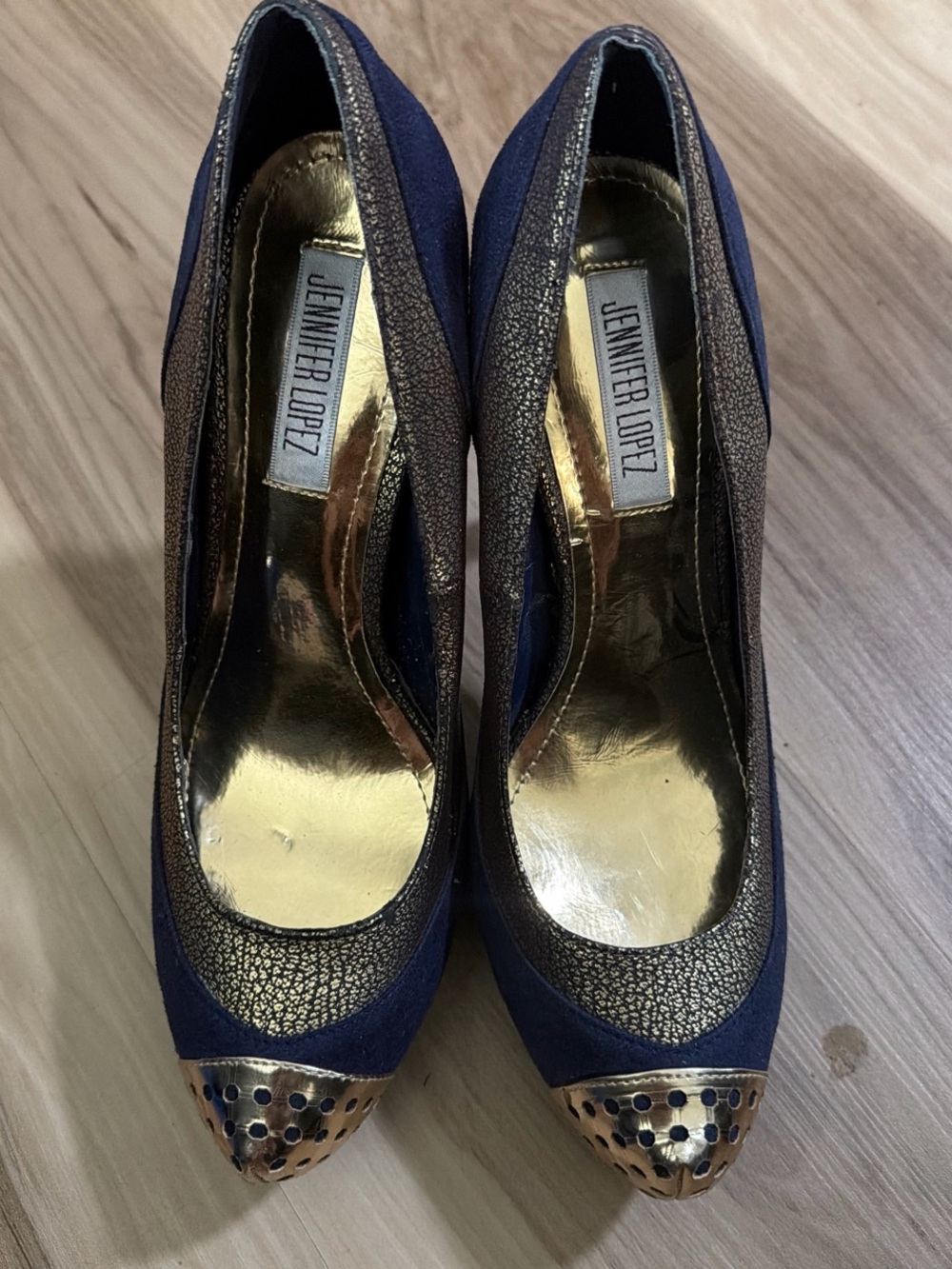 Jennifer Lopez Navy Pumps with Gold Accents